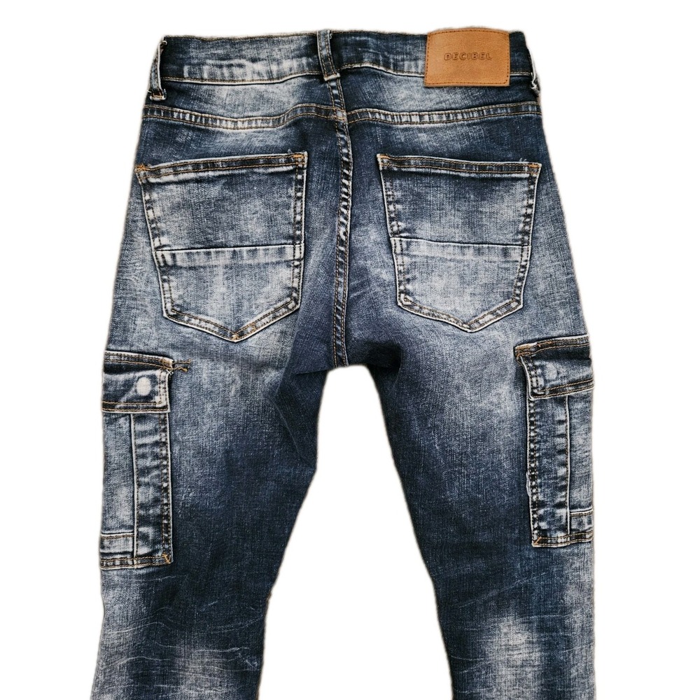 Decibel Cargo Jeans Mens 28x31 Blue Distressed Skinny Moto Racing Stripe Buckle
